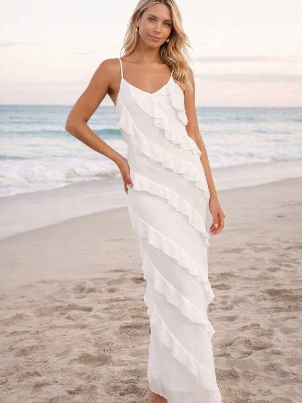 Petal And Pup White Ruffled Spaghetti Strap Maxi Dress Size XL